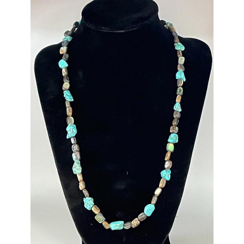 Blue Turquoise Necklace with Abalone Shell Native American Handmade